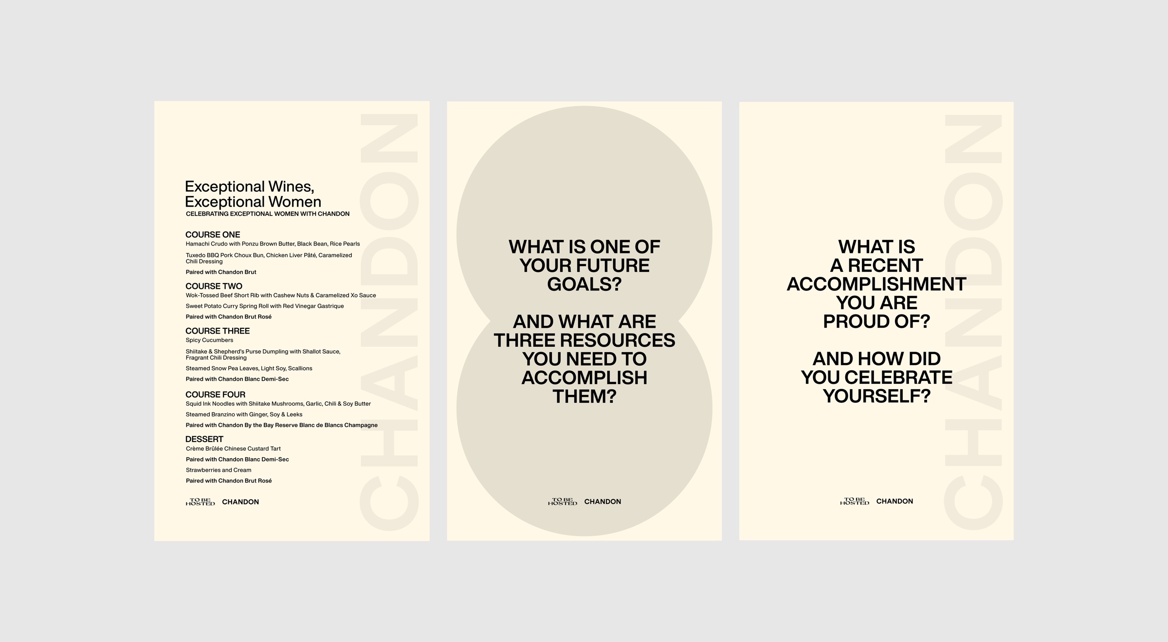 The menu and conversation cards — five courses, five pairings, two questions