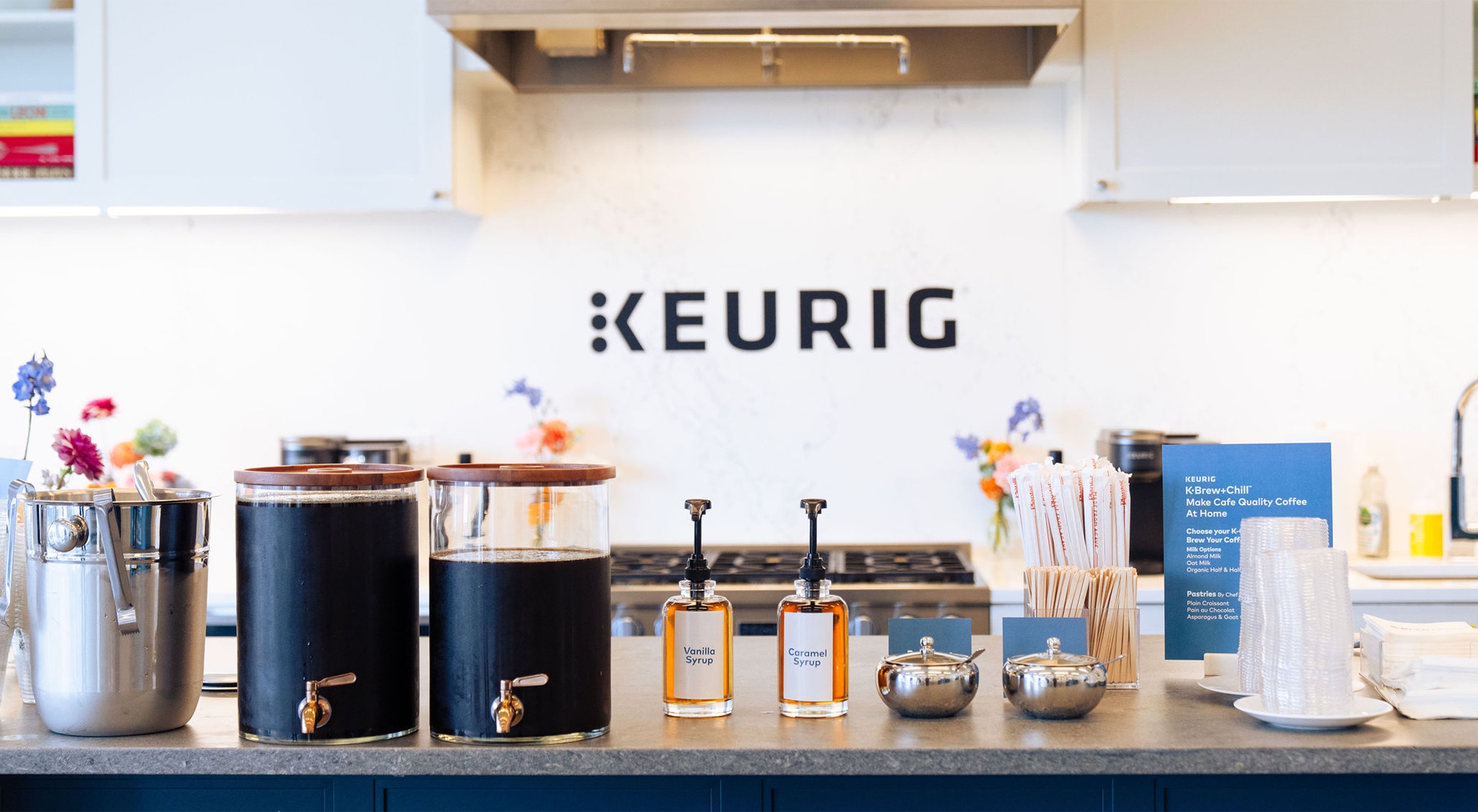 The K·Brew+Chill coffee bar — cold brew, syrups, and the KEURIG wall